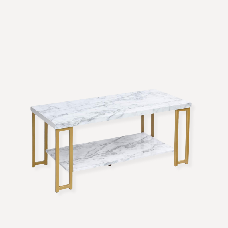 2-Tier Marble Print Coffee Table with MDF Top and Gold Print Metal Frame - Dendo Design