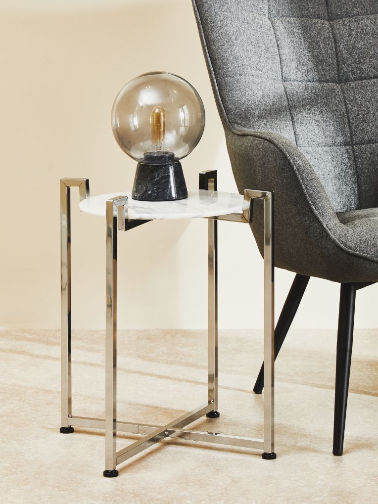 White Marble Side Table With Chrome Base - Dendo Design