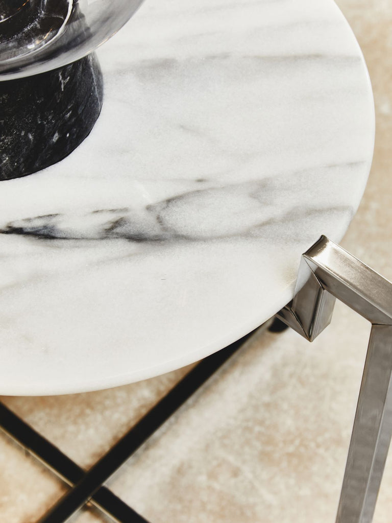 White Marble Side Table With Chrome Base - Dendo Design