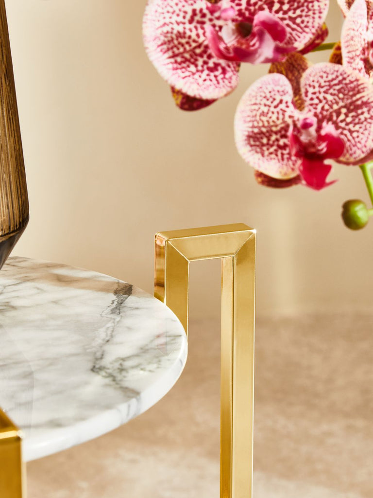 White Marble Side Table With Warm Gold Base - Dendo Design