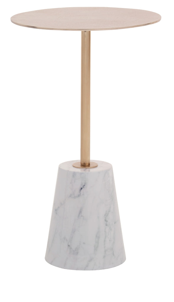 Avolia Brushed Gold Side Table White Marble Effect Base - Dendo Design