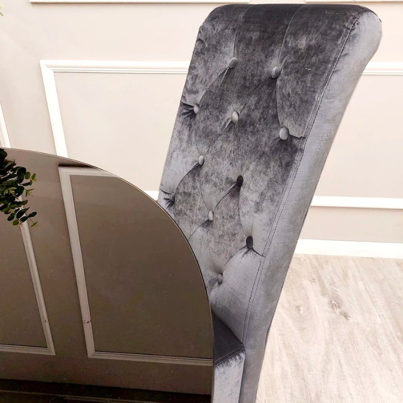 Xavia Light Grey Marble Dining Table with Emma Grey Shimmer Velvet Dining Chairs - Dendo Design