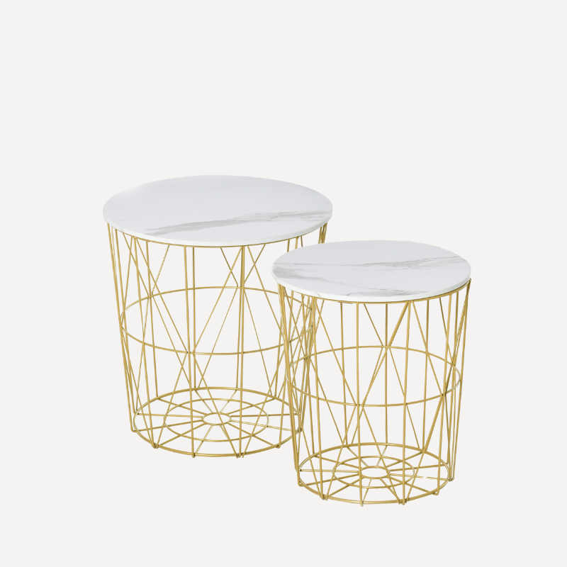 Set of 2 Nesting Side Tables with Storage, Round End Tables Coffee Tables with Steel Frame - Dendo Design