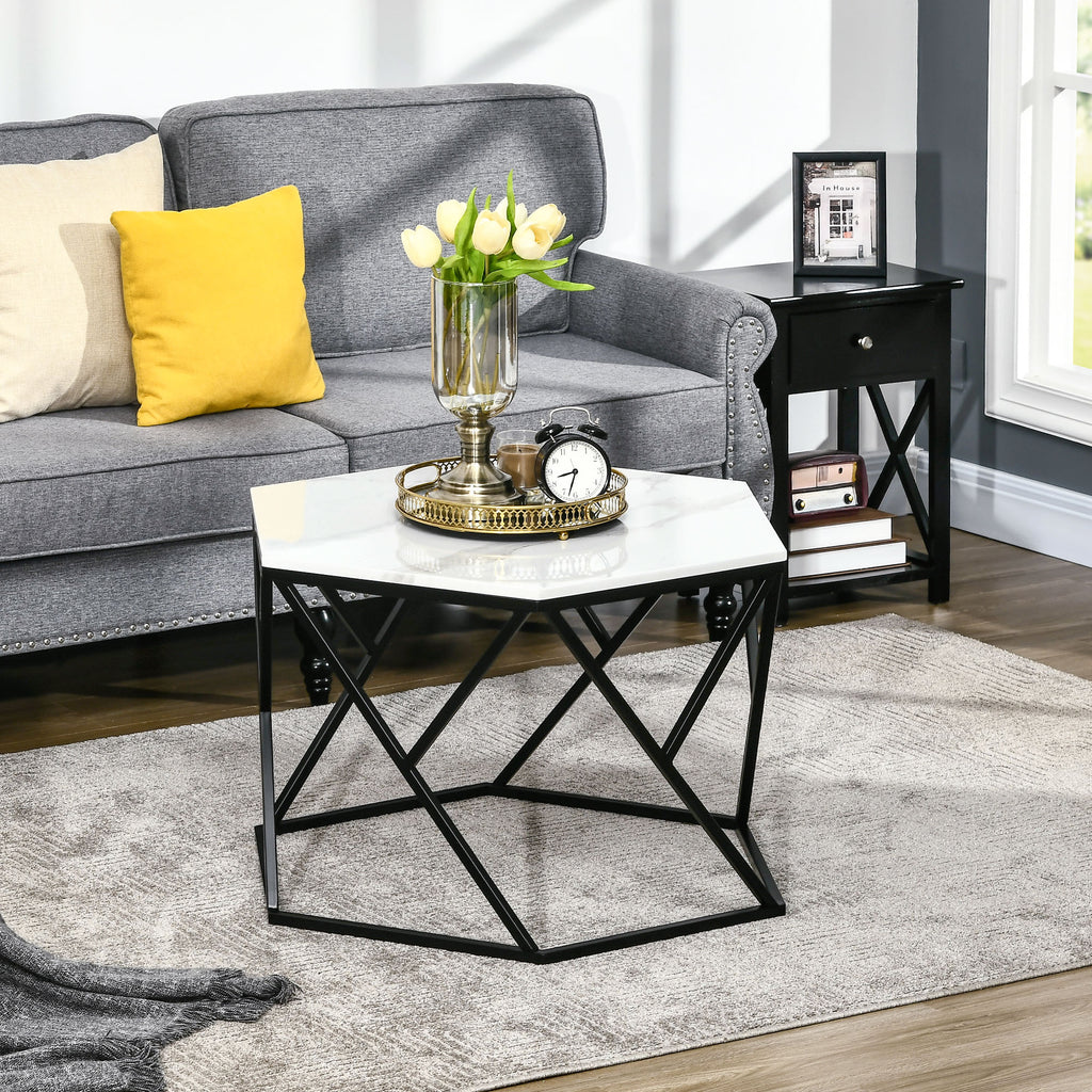 Coffee Table with High Gloss Marble Effect Table Top, Modern Cocktail Table with Steel Frame - Dendo Design