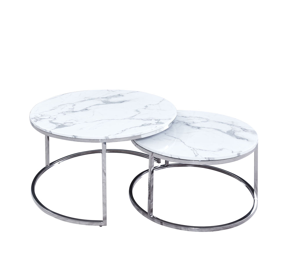 Set of 2 Nesting Marble Coffee Tables with Silver Frame┃White & Black - Dendo Design