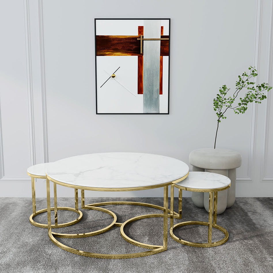 Set of 3 Nesting Marble Tables with Gold Frame┃White - Dendo Design