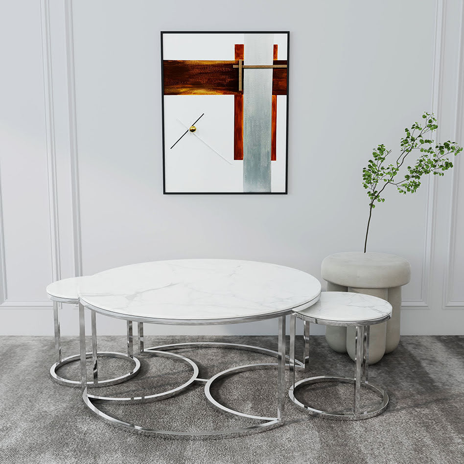 Set of 3 Nesting Marble Tables with Silver Frame┃White - Dendo Design
