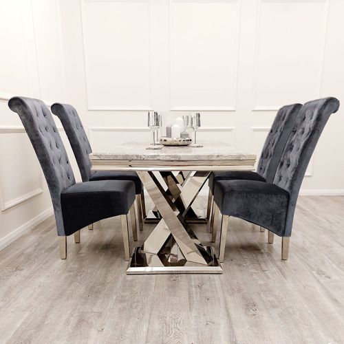 Xavia Light Grey Marble Dining Table with Emma Grey Shimmer Velvet Dining Chairs - Dendo Design