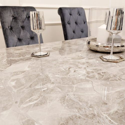 Xavia Light Grey Marble Dining Table with Emma Grey Shimmer Velvet Dining Chairs - Dendo Design