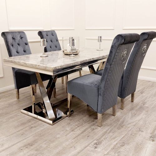 Xavia Light Grey Marble Dining Table with Emma Grey Shimmer Velvet Dining Chairs - Dendo Design