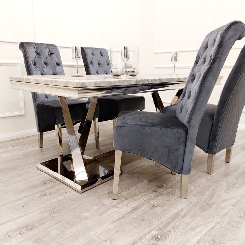 Xavia Light Grey Marble Dining Table with Emma Grey Shimmer Velvet Dining Chairs - Dendo Design