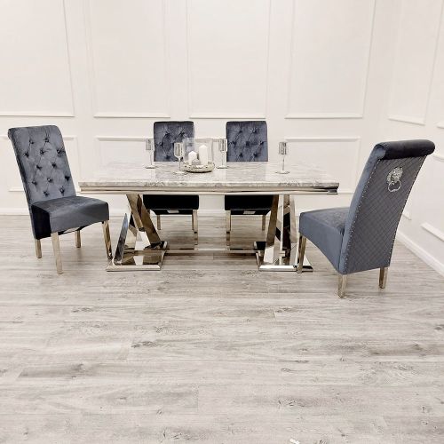 Xavia Light Grey Marble Dining Table with Emma Grey Shimmer Velvet Dining Chairs - Dendo Design