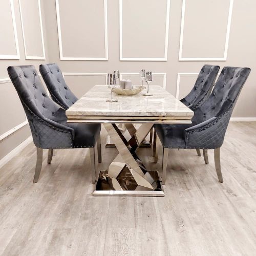 Xavia Light Grey Marble Dining Table with Emma Grey Shimmer Velvet Dining Chairs - Dendo Design