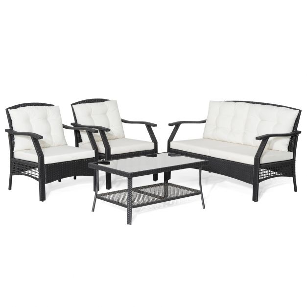 4 Pieces Patio Rattan Conversation Set with Coffee Table and Cushions - Dendo Design