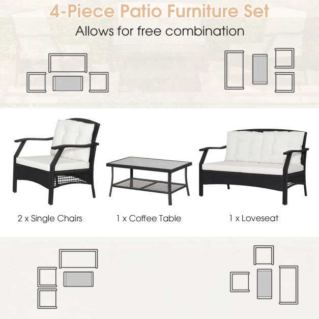 4 Pieces Patio Rattan Conversation Set with Coffee Table and Cushions - Dendo Design