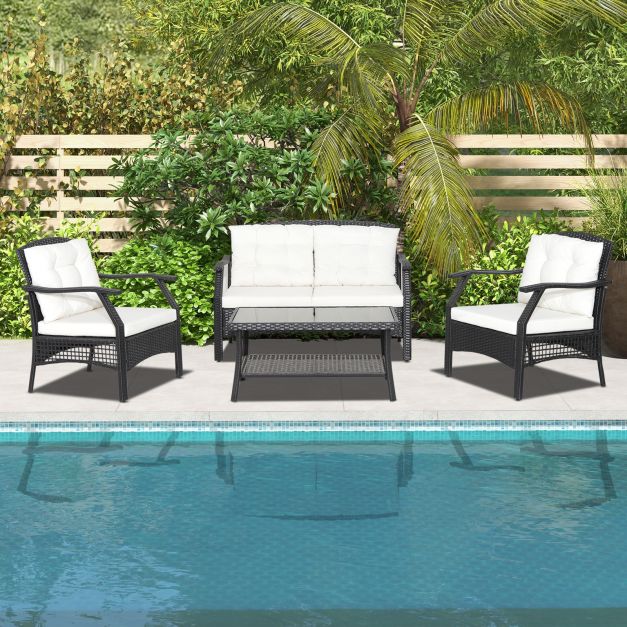 4 Pieces Patio Rattan Conversation Set with Coffee Table and Cushions - Dendo Design