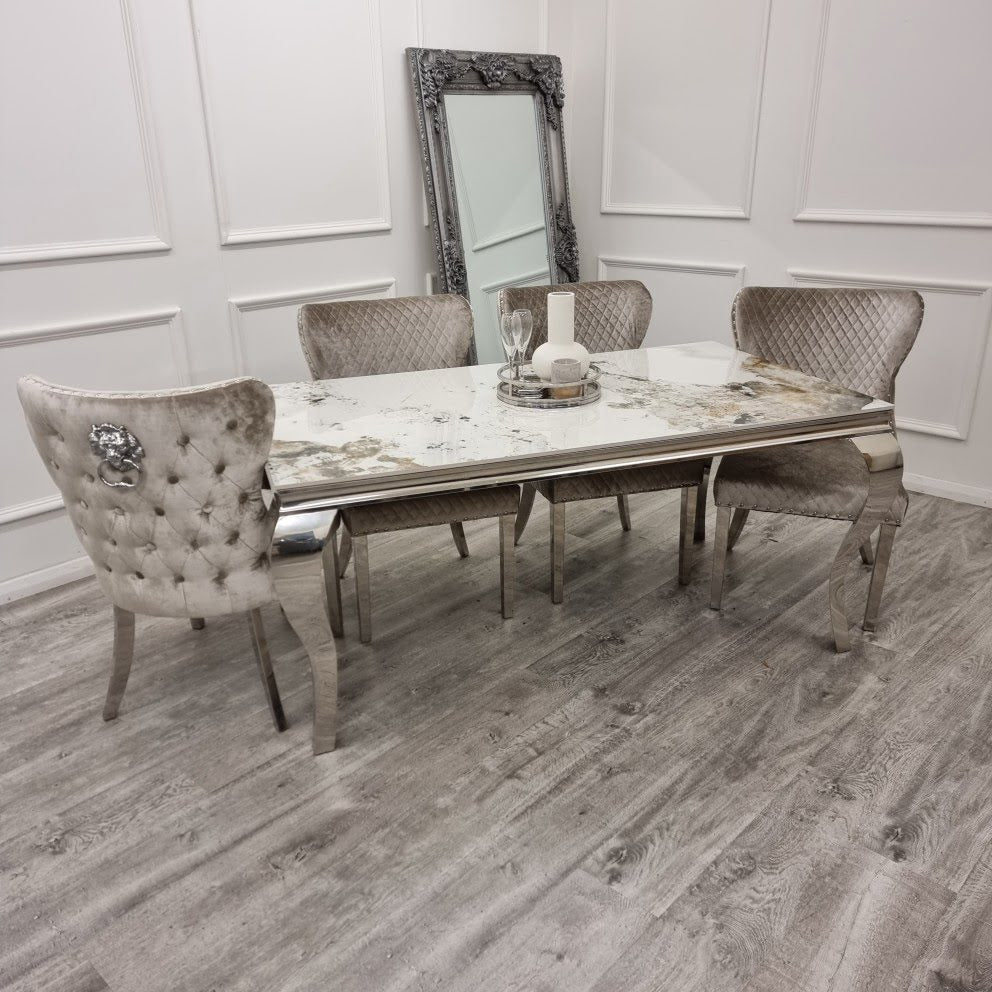 Louis Pandora Marble Dining Table Set with Beige Chelsea Dining Chairs - Dendo Design