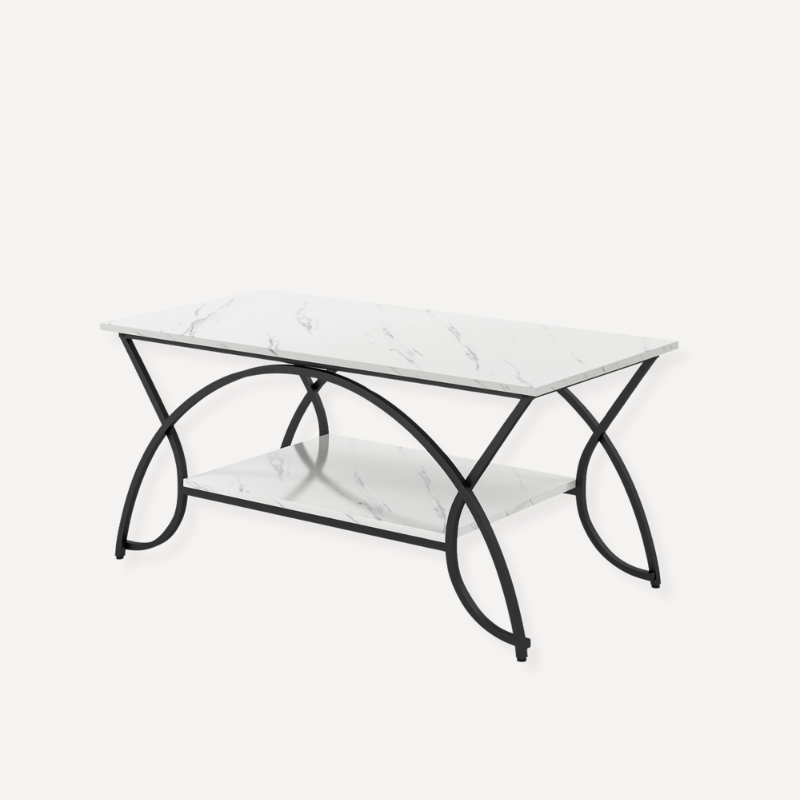 2-Tier Faux Marble Coffee Table with Golden Metal Frame-Marble White - Dendo Design