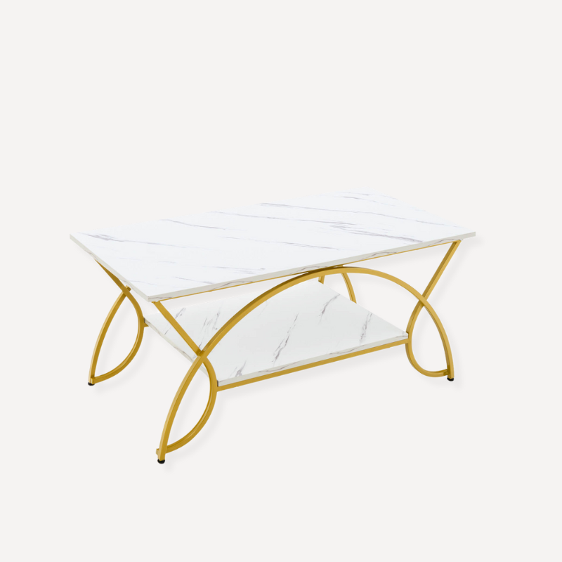 2-Tier Faux Marble Coffee Table with Golden Metal Frame-White - Dendo Design