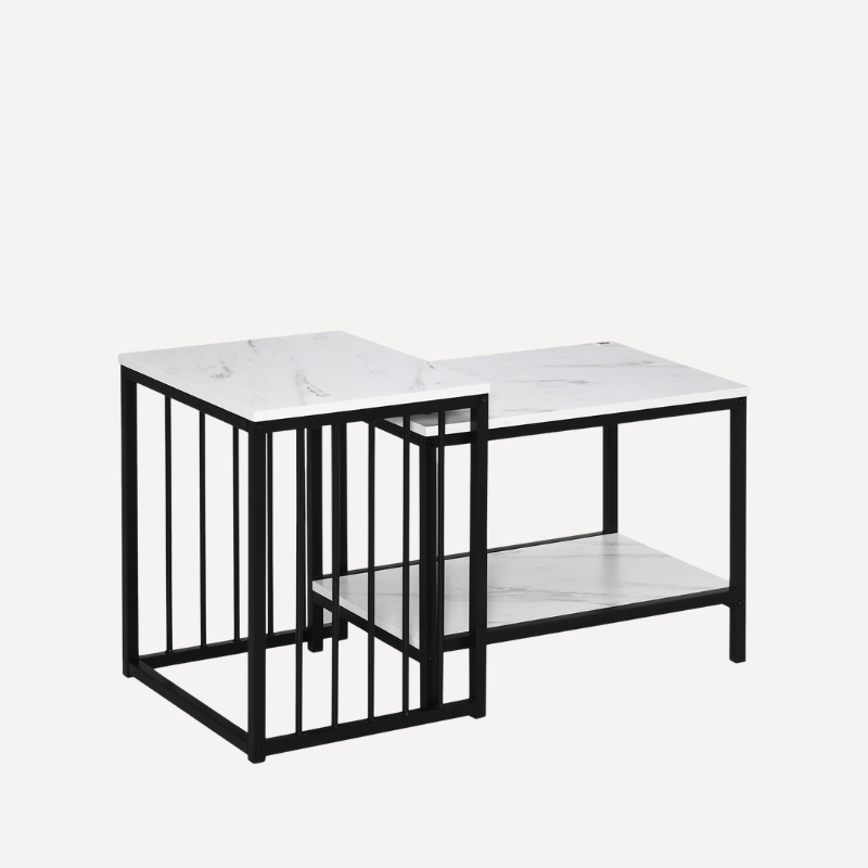 Coffee Table Set of Two, Marble-Effect Nesting Side Tables with Steel Frame Highlights - Dendo Design