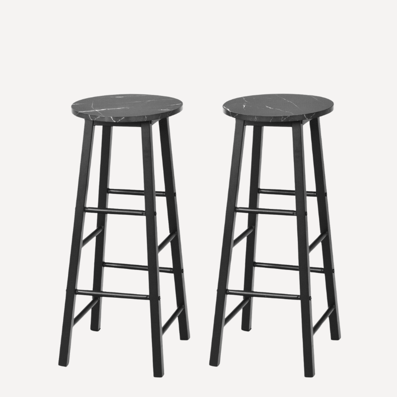 Set of 2 Faux Marble Bar Stools with Footrest and Anti-slip Foot Pad-Black & White - Dendo Design