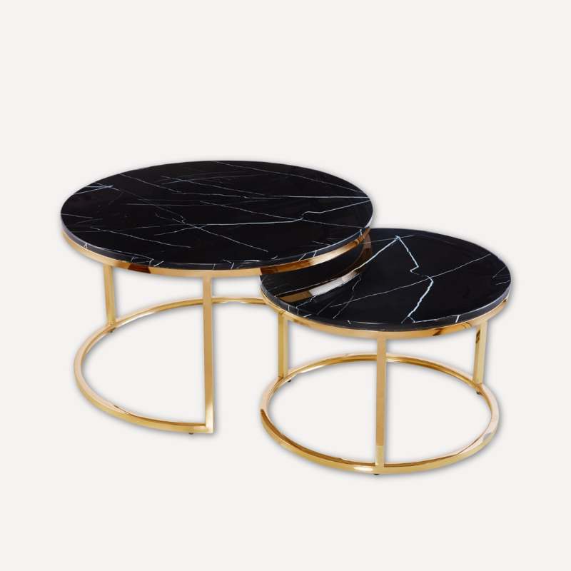 Set of 2 Nesting Marble Coffee Tables with Gold Frame┃White & Black - Dendo Design