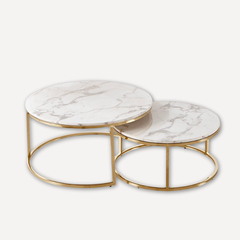 Set of 2 Nesting Marble Coffee Tables with Gold Frame┃White & Black - Dendo Design