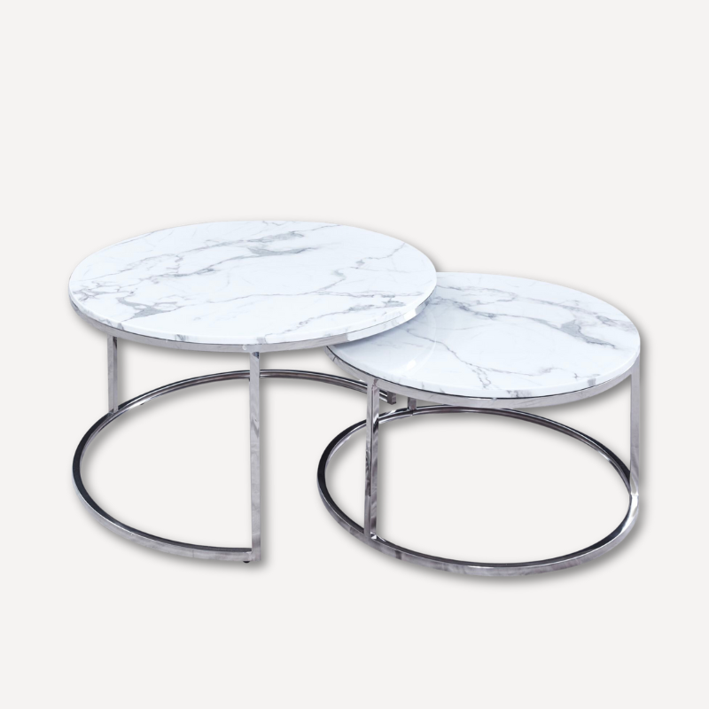 Set of 2 Nesting Marble Coffee Tables with Silver Frame┃White & Black - Dendo Design