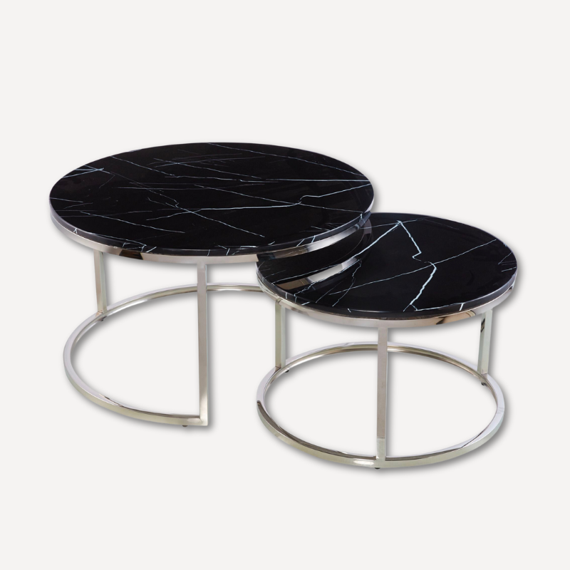 Set of 2 Nesting Marble Coffee Tables with Silver Frame┃White & Black - Dendo Design