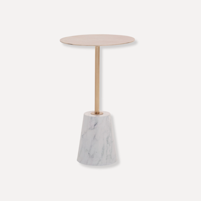 Avolia Brushed Gold Side Table White Marble Effect Base - Dendo Design