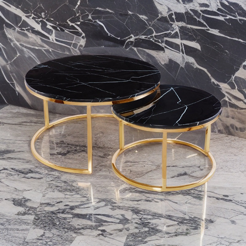 Set of 2 Nesting Marble Coffee Tables with Gold Frame┃White & Black - Dendo Design