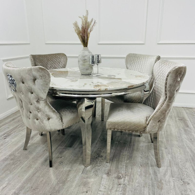 Louis Round Marble Dining Table with Beige Chelsea Dining Chairs - Dendo Design