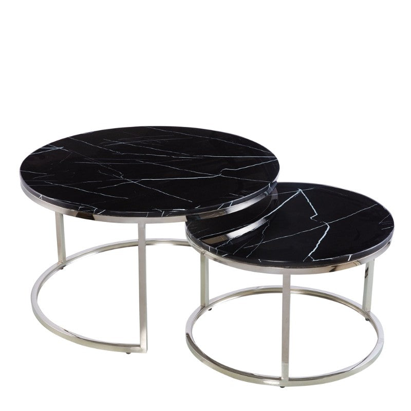 Set of 2 Nesting Marble Coffee Tables with Silver Frame┃White & Black - Dendo Design