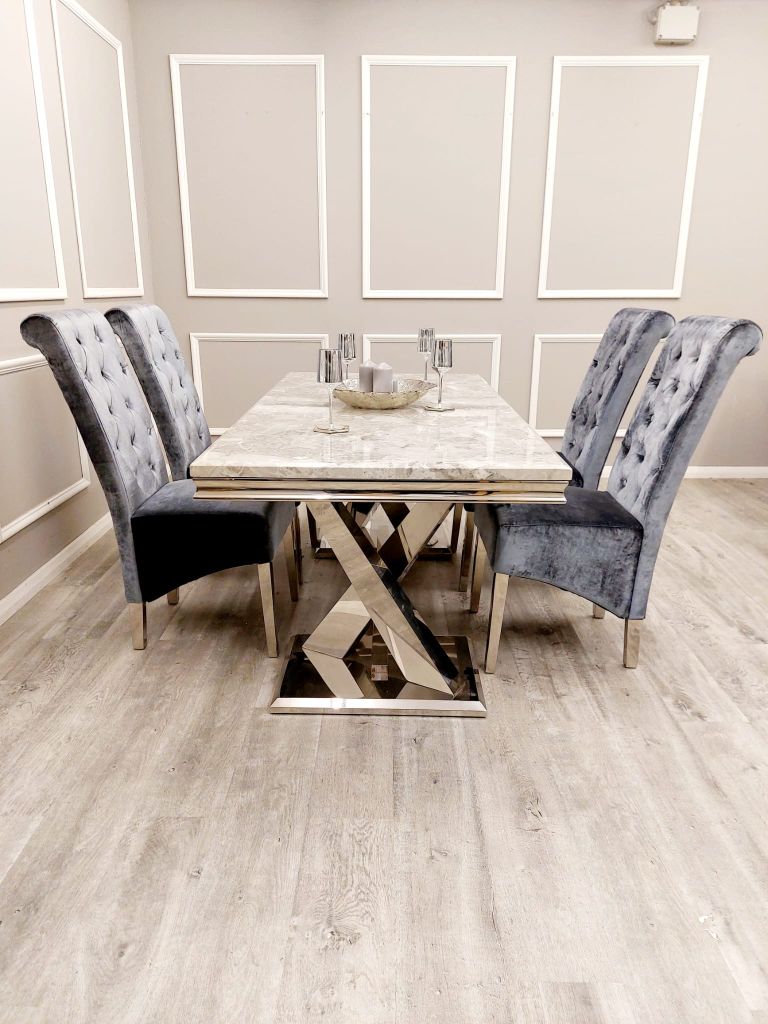 Xavia Light Grey Marble Dining Table with Emma Grey Shimmer Velvet Dining Chairs - Dendo Design