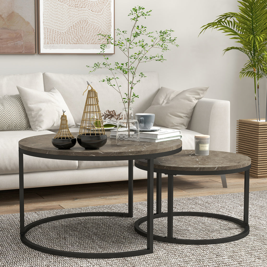 Round Coffee Table Set of 2, Faux Marble Coffee Tables with Steel Frame - Dendo Design