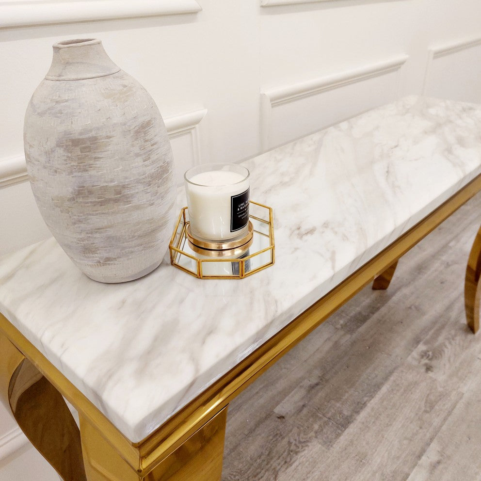 Gold Console Table with Ivory Smoke Marble Top - Dendo Design