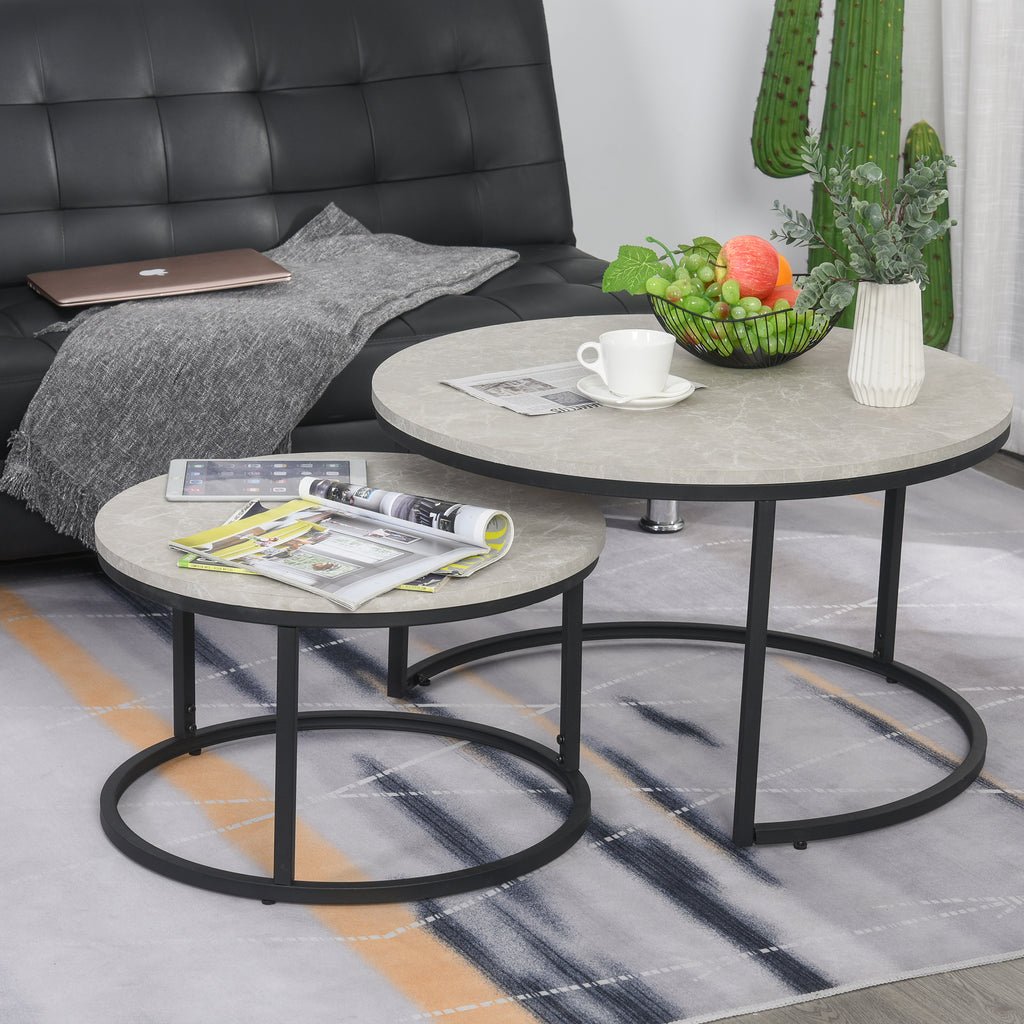 Round Coffee Table Set of 2, Faux Marble Coffee Tables with Steel Frame - Dendo Design