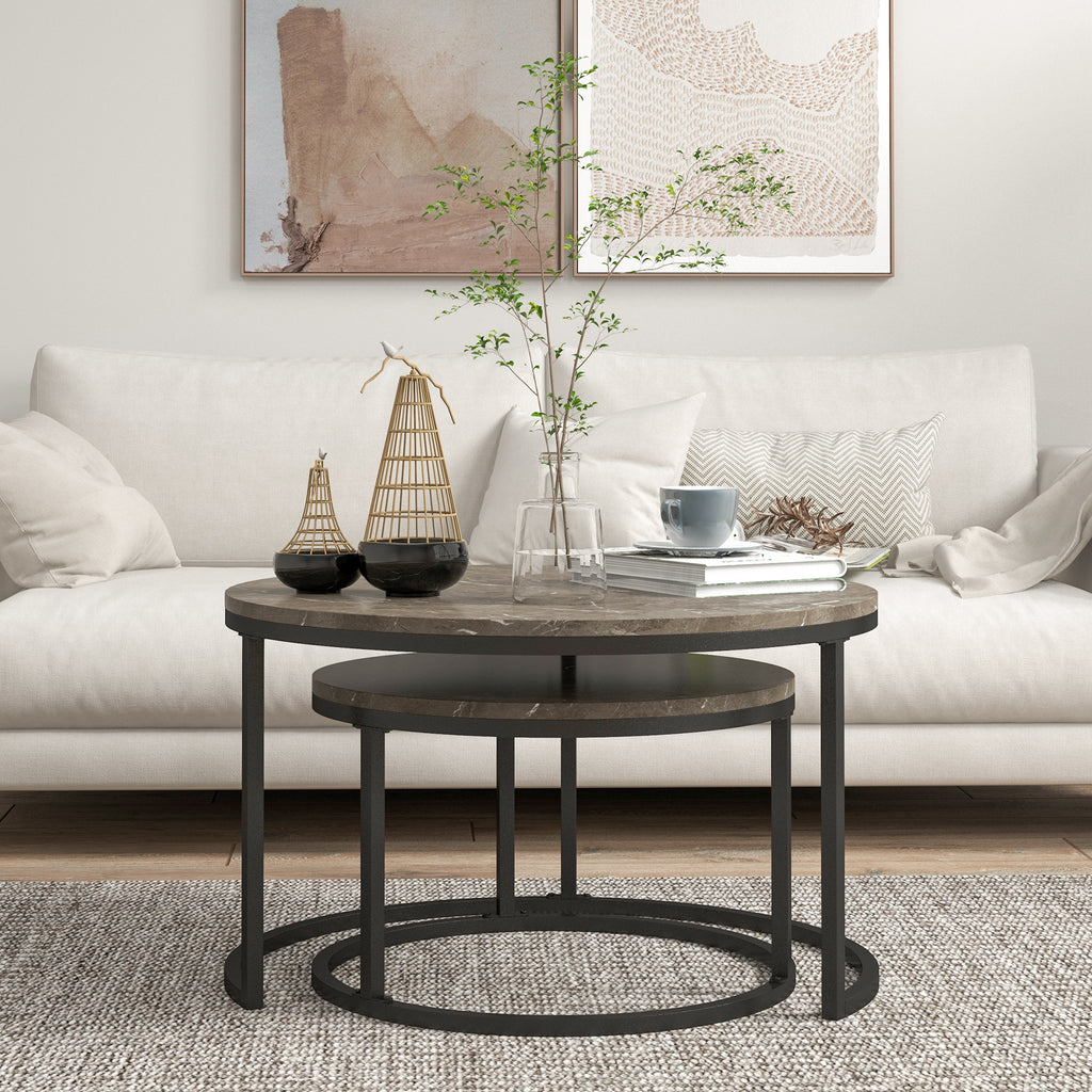 Round Coffee Table Set of 2, Faux Marble Coffee Tables with Steel Frame - Dendo Design