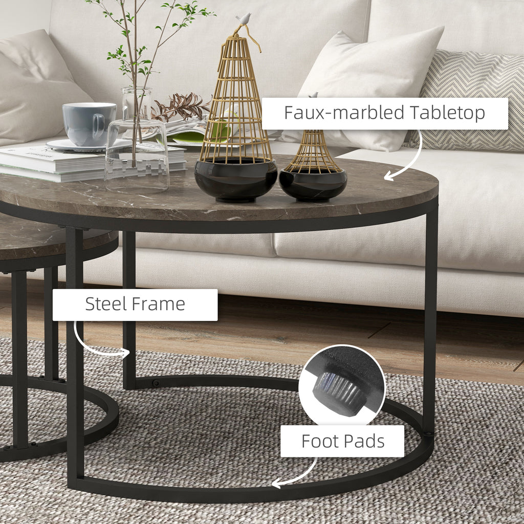 Round Coffee Table Set of 2, Faux Marble Coffee Tables with Steel Frame - Dendo Design