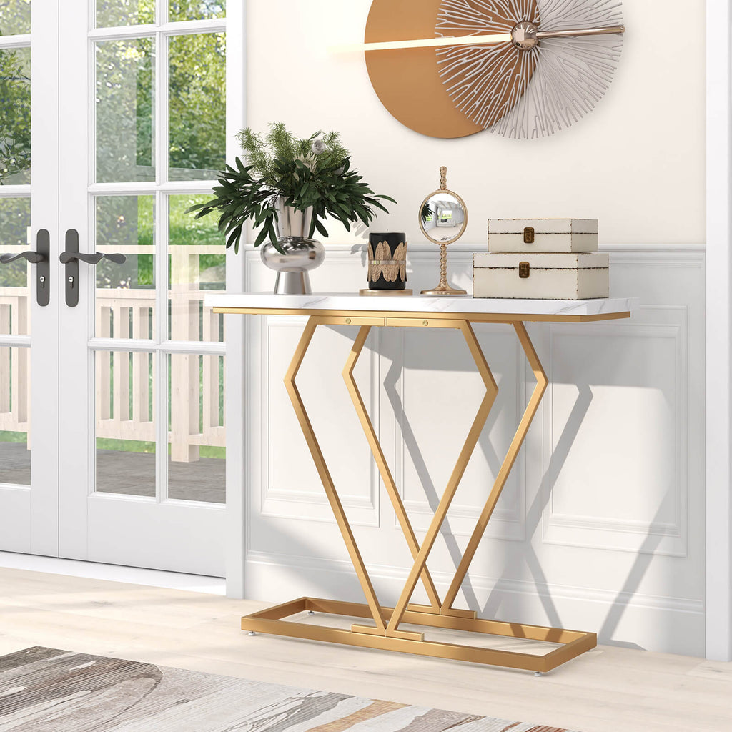 100 cm Gold Console Table with Diamond Shape Geometric Frame-White & Golden - Dendo Design