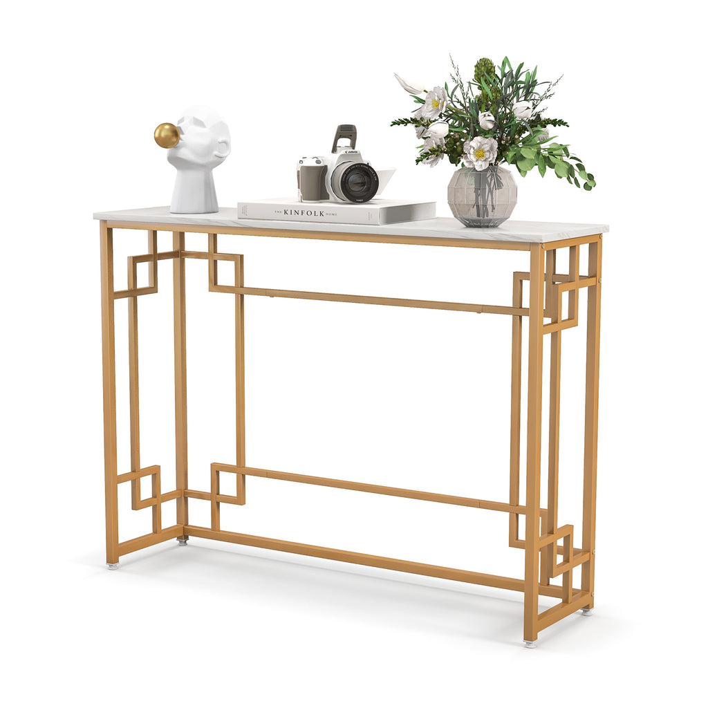 110 cm Console Table Narrow Entryway Table with Geometric Golden Frame-White & Golden - Dendo Design