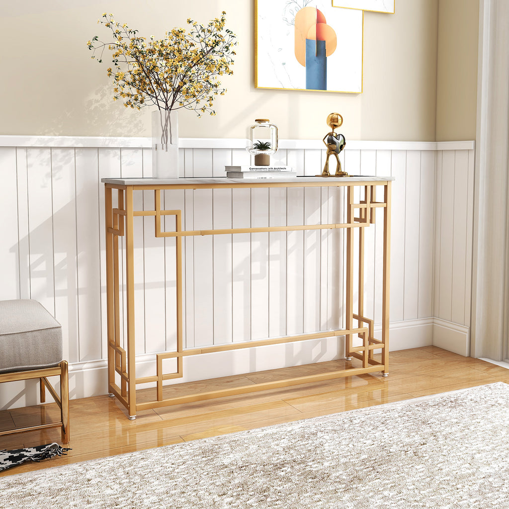 110 cm Console Table Narrow Entryway Table with Geometric Golden Frame-White & Golden - Dendo Design