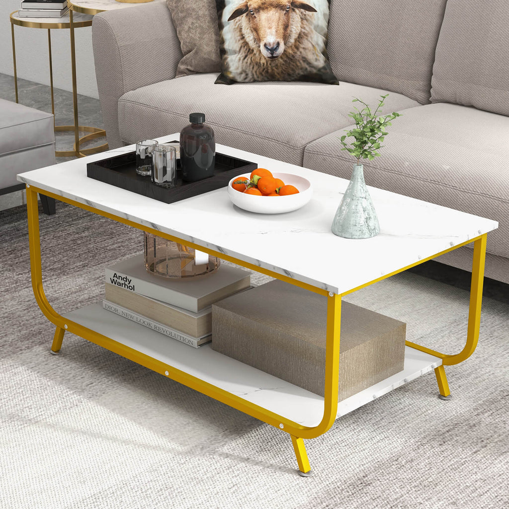 2-Tier Faux Marble Coffee Table Rectangular with Shelf-White - Dendo Design