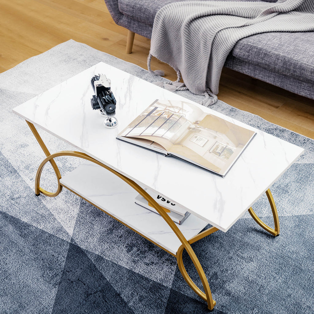 2-Tier Faux Marble Coffee Table with Golden Metal Frame-White - Dendo Design