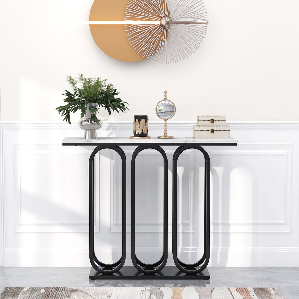 100 CM Faux Marble Entryway Table with Adjustable Foot Pads-Black - Dendo Design