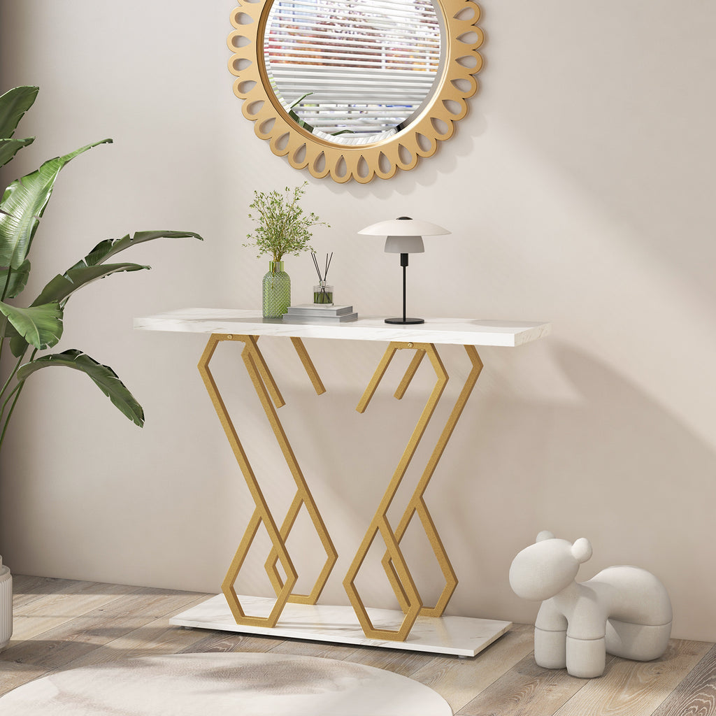 Faux Marble Console Table with Adjustable Foot Pads-White - Dendo Design