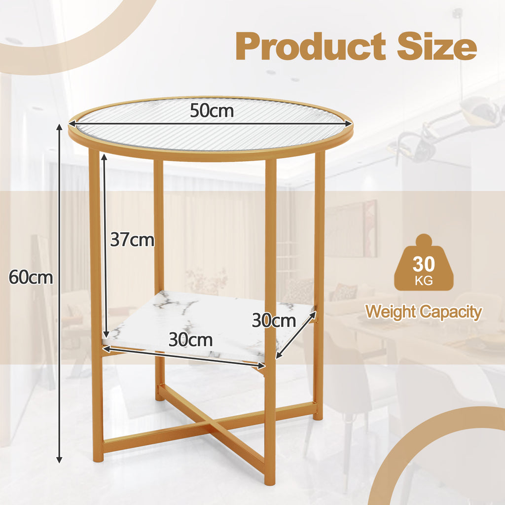 2-Tier Round Side Table with Faux Marble Storage Shelf-White- 50 x 50 x 60 cm - Dendo Design