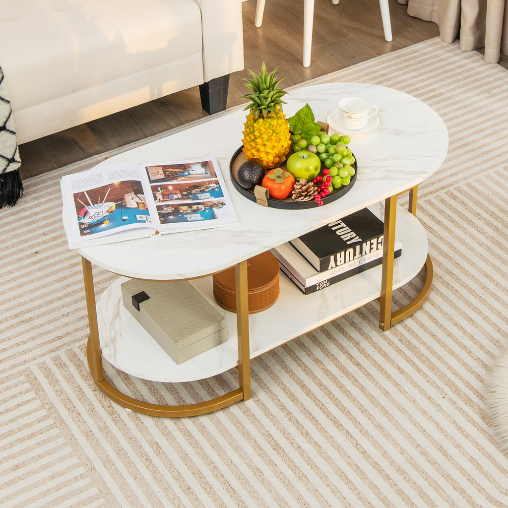 Marble Coffee Table with Open Storage Shelf-White - Dendo Design