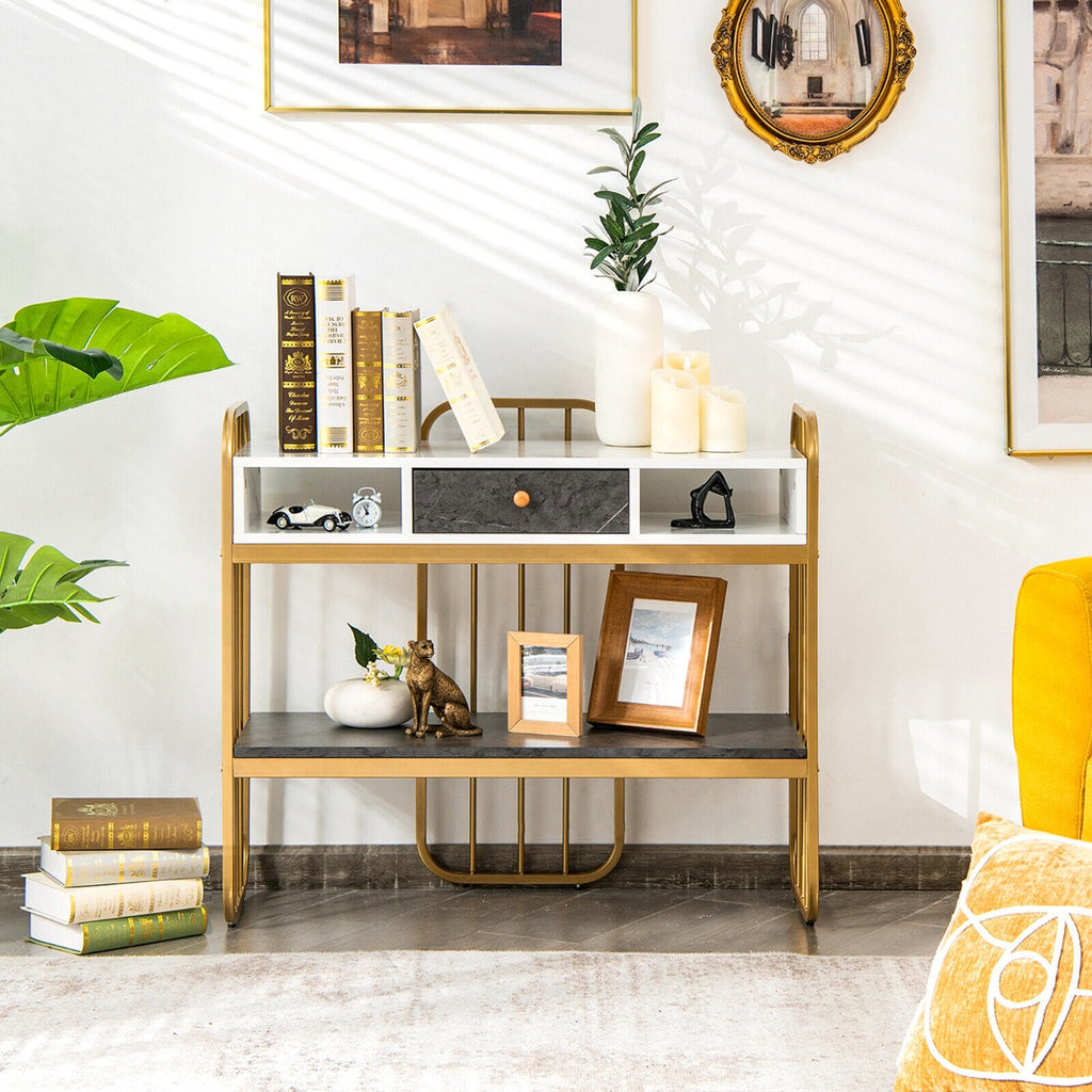 Faux Marble Console Table with Drawer Shelves and Compartments - Dendo Design