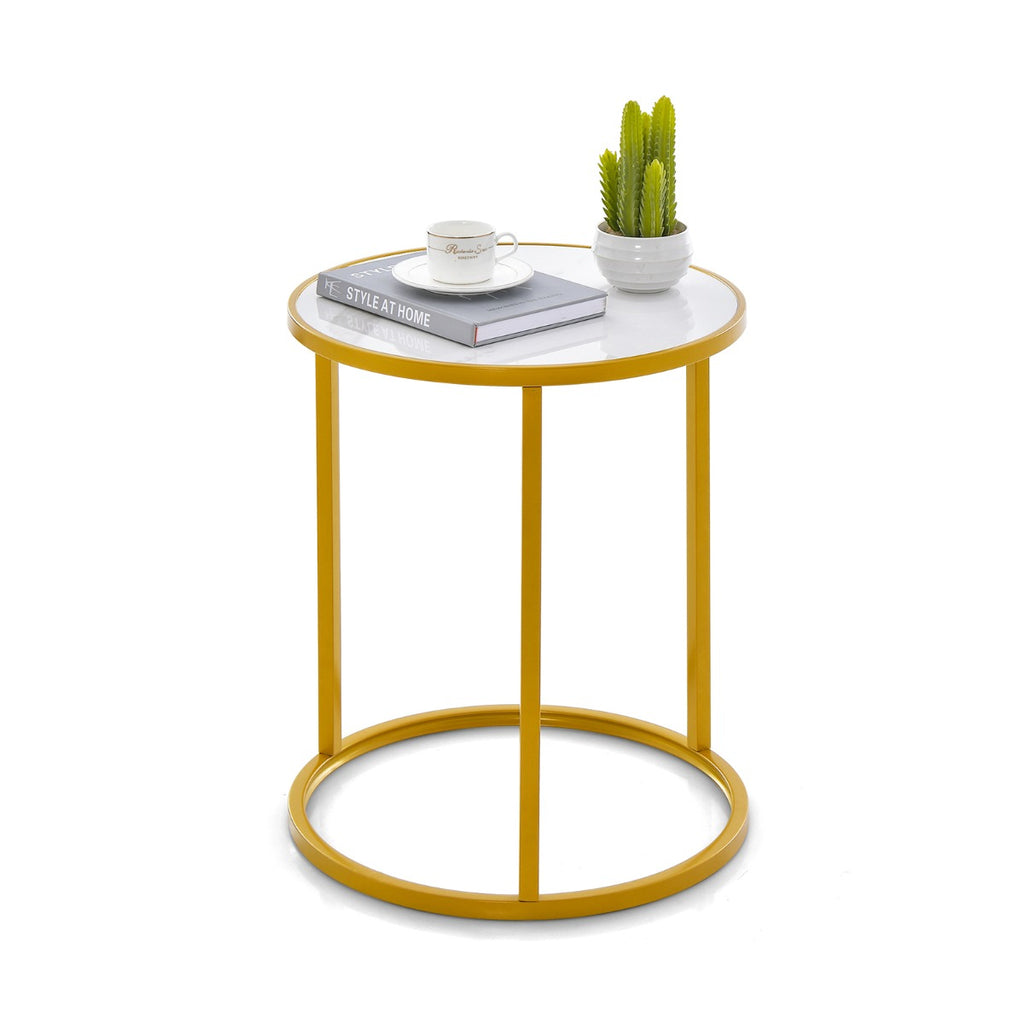 Marble Top Round Side Table with Golden Metal Frame-1 Piece-Golden - Dendo Design